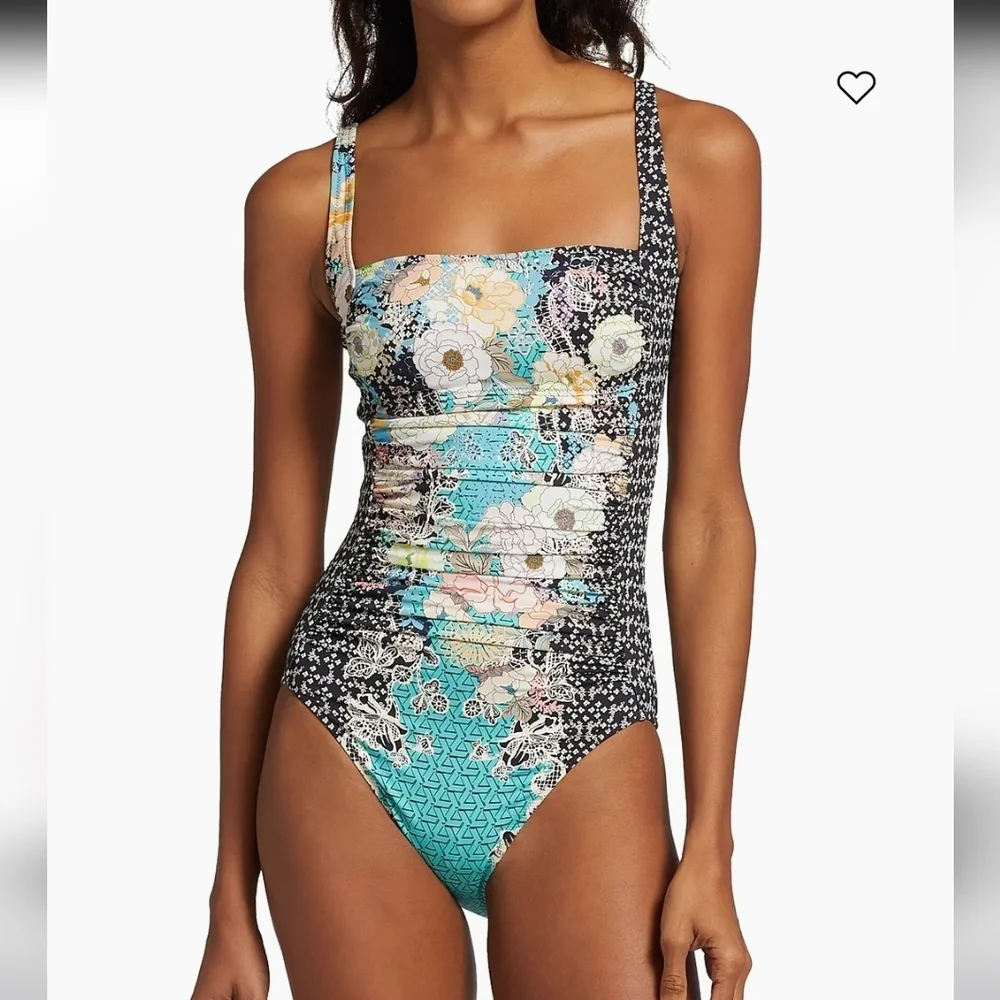 Johnny Was Mila Moody Floral Ruched One-Piece Swimsuit 1X Flattering Square Neck - Picture 1 of 10